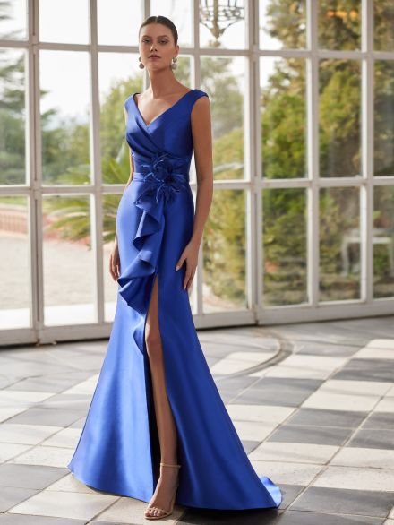 Abito blu sirena in mikado Marfil Rosa Clarà 2025